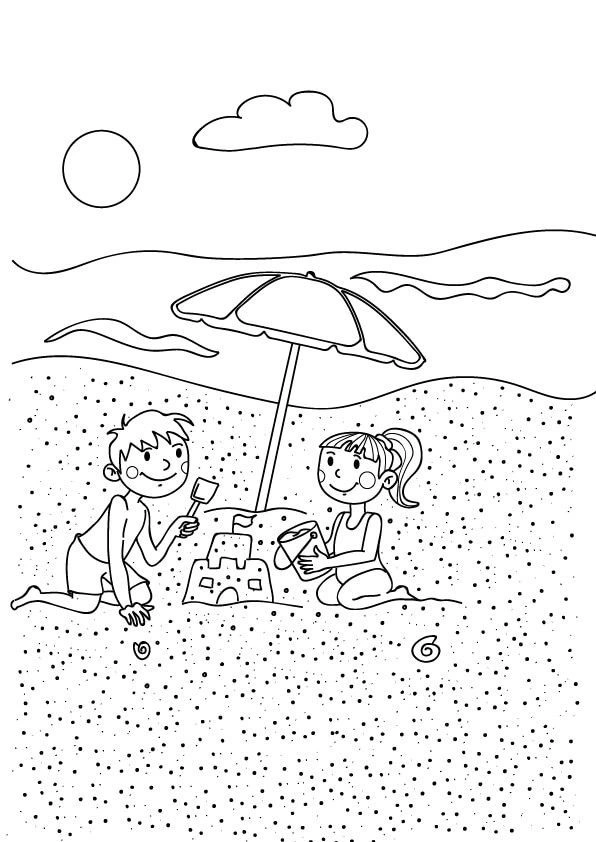 Kolorowanka dzieci na plaży budują zamki z piasku